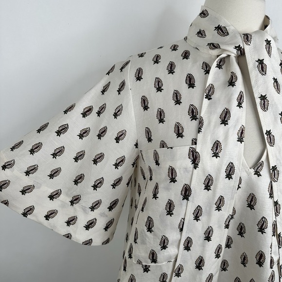 NWT Banana Republic‎ Viscose Linen Tie Neck Top SMALL Block Print Relaxed Blouse - Picture 7 of 17